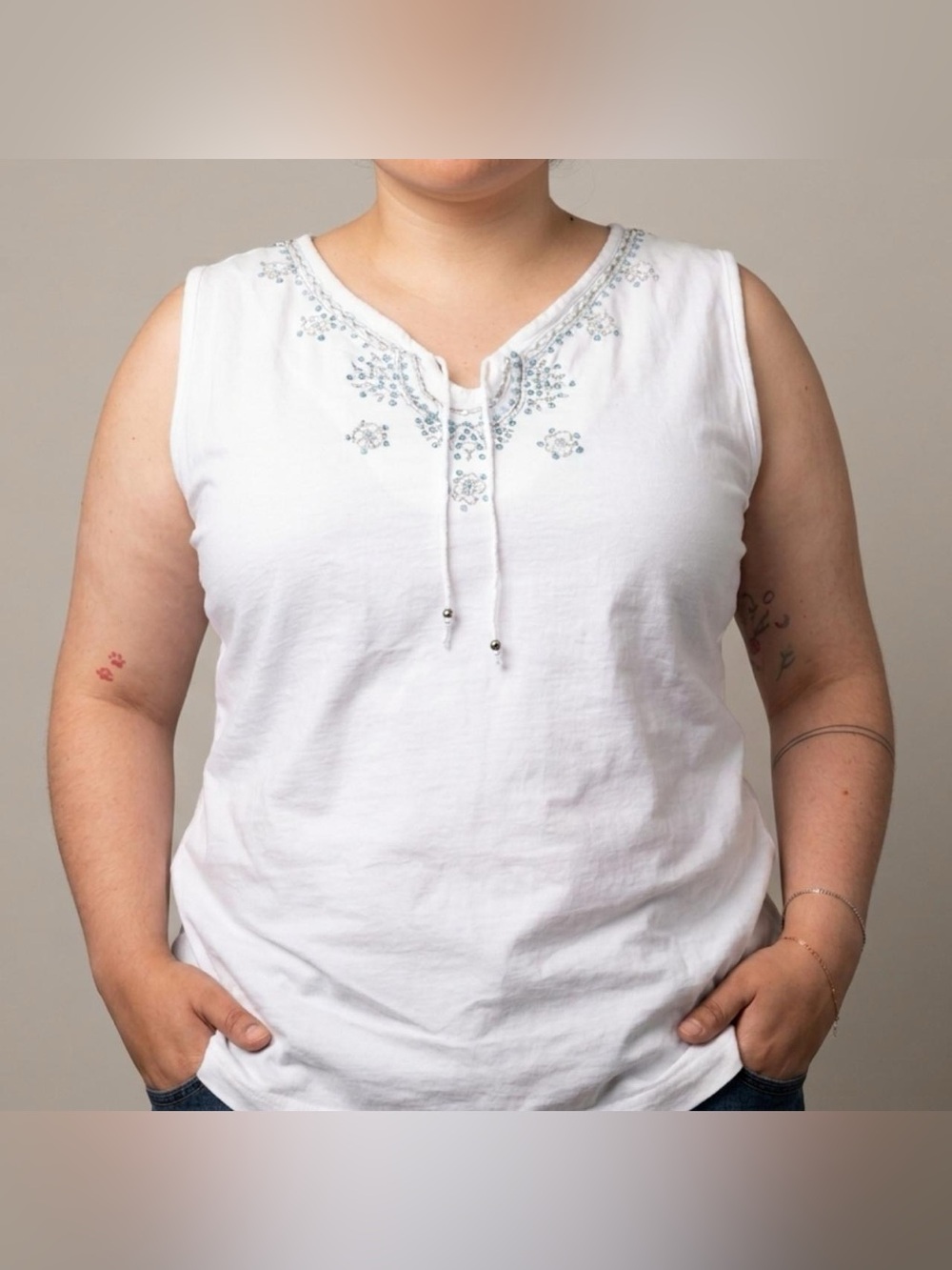 Erika Sleeveless White Embroidered Tie-Neck Women's Top